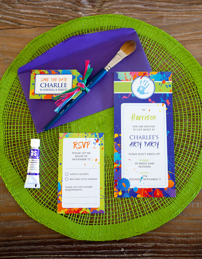 An 'arty party' invitation pack containing save the date, invitation and response card